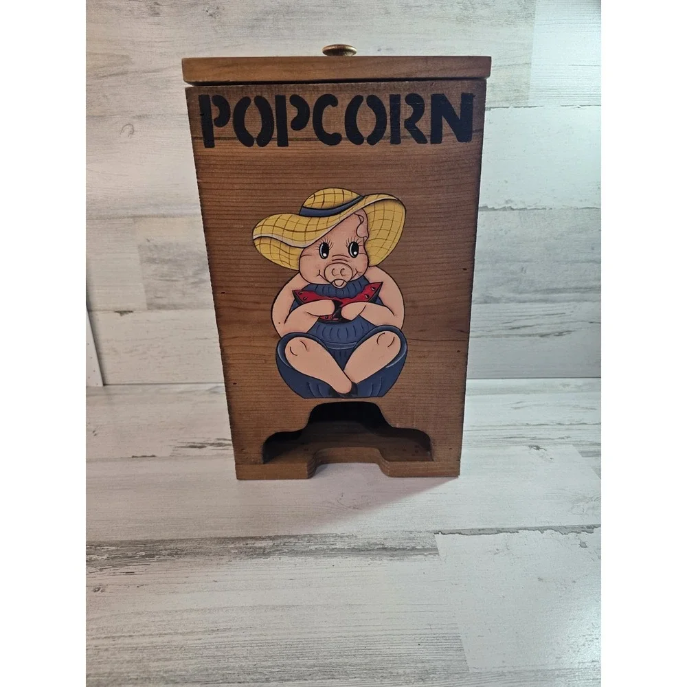 Vintage Wooden‎ Popcorn Dispenser Bin Hand Painted Pig Farmhouse Rustic Decor